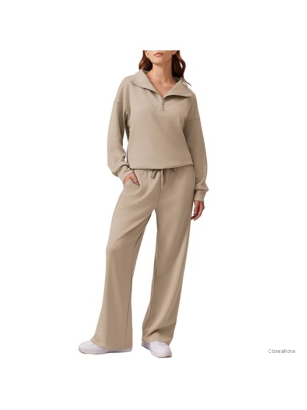 2 Piece Half Zip Sweatshirt Drawstring Wide Leg Sweatpants Tracksuit Set